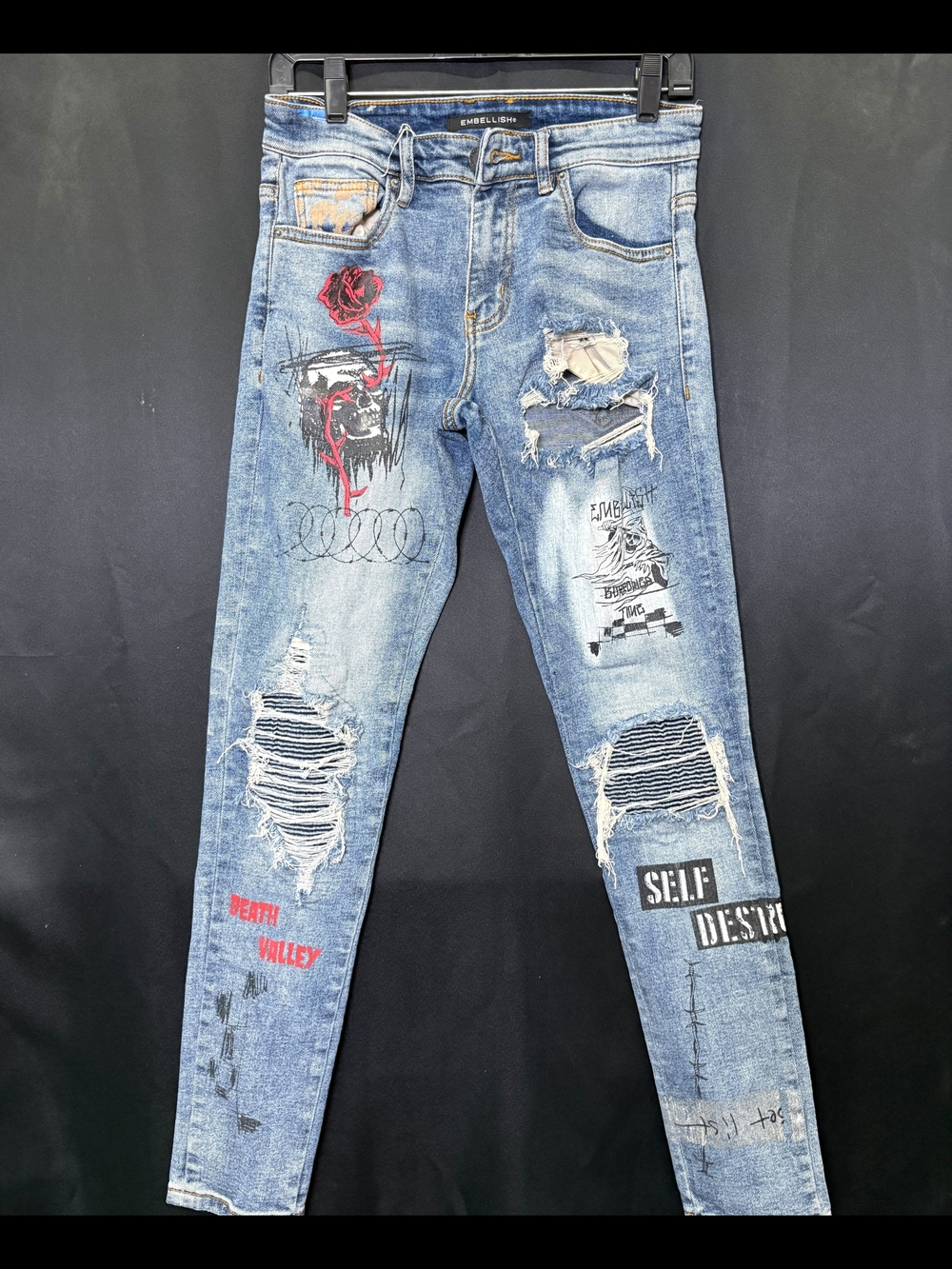 Embellish Slim Fit Skinny Jeans in Blue with Graphic & Distressed Details
